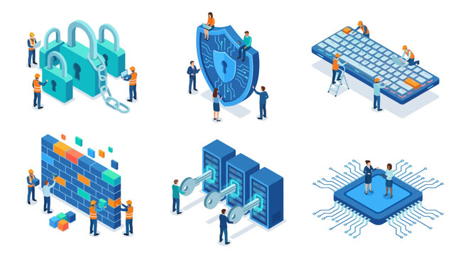 Isometric illustrations showcasing security concepts and technological solutions