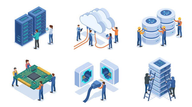 Isometric illustration of data center infrastructure and cloud computing