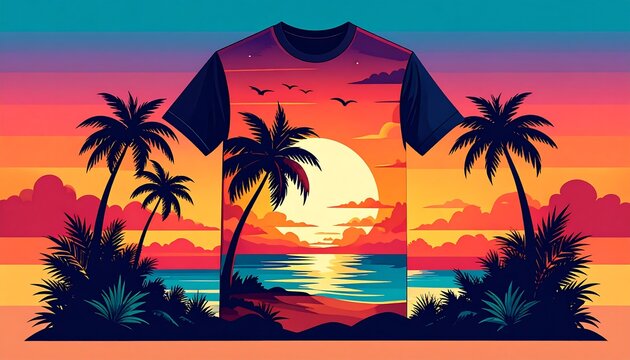 A T-shirt design displays a tropical sunset scene. Palm trees frame the ocean & sun reflecting on water, with vibrant sky colors