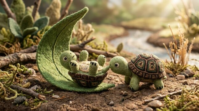 Felt turtle characters interacting in a whimsical forest scene, one turtle assisting another that has fallen on its back, creating a heartwarming and supportive moment