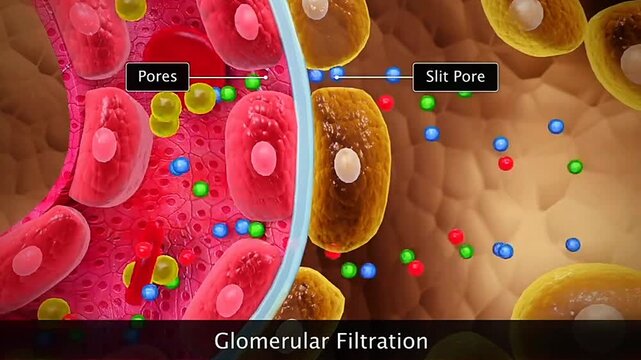 3D animation showing glomerular filtration process in kidneys with blood plasma filtration.