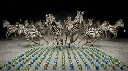 Obraz premium Herd of zebras galloping across a studio floor, smashing vibrant glass marbles into colorful shards and scattering motion and contrast against a dark background