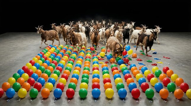 Herd of agile goats running and disrupting orderly rows of vibrant colorful balloons on a concrete floor in a studio setting, creating a scene of playful disarray