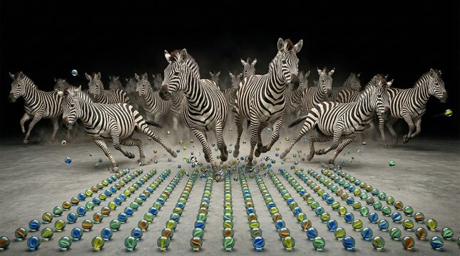 Herd of zebras galloping across a studio floor, smashing vibrant glass marbles into colorful shards and scattering motion and contrast against a dark background