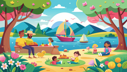 Fototapeta premium Spring Lakeside Picnic with Boats and Flowers Vector Scene