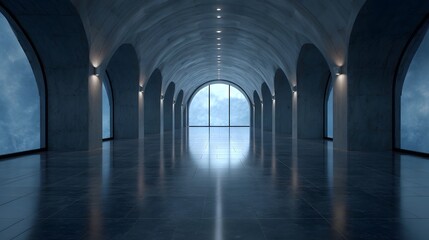 Obraz premium Symmetrical futuristic corridor with arched creating a dramatic sense of depth and calm light