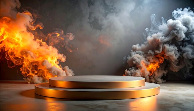 A two-tiered pedestal is framed by opposing forces; vibrant flames on one side and billowing grey smoke on the other