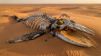 Fototapeta premium Whale skeleton laying in arid desert dunes with a fox standing on its skull featuring a growing cactus, showing concepts of mortality, juxtaposition, and adaptation