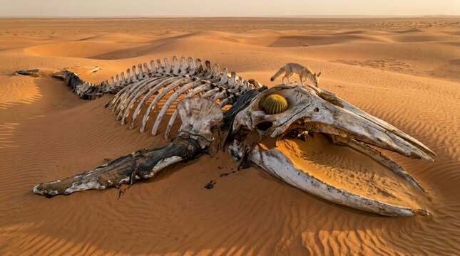 Whale skeleton laying in arid desert dunes with a fox standing on its skull featuring a growing cactus, showing concepts of mortality, juxtaposition, and adaptation