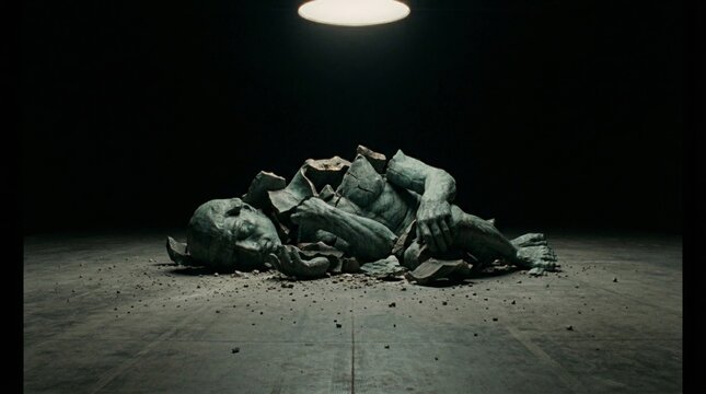 Broken statue of a man lying in fragments on a dusty concrete floor in a dark room, illuminated by a single overhead spotlight, representing decay and mortality