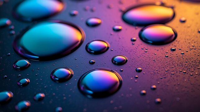 Macro photography of iridescent liquid droplets on surface
