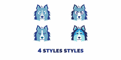Four husky dog head illustrations in varying styles and expressions © Hridoy
