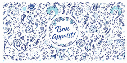 Whimsical blue doodle pattern with bon app tit lettering and food motifs © Hridoy