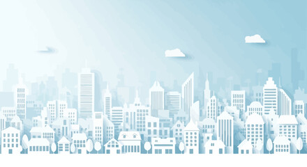 Obraz premium Minimalistic White City Skyline With Clouds Over A Light Blue Sky Backdrop