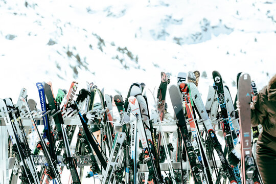 Skis and Poles with Branded Equipment Racked at Ski Resort, Grandvalira, Andorra, Pyrenees
