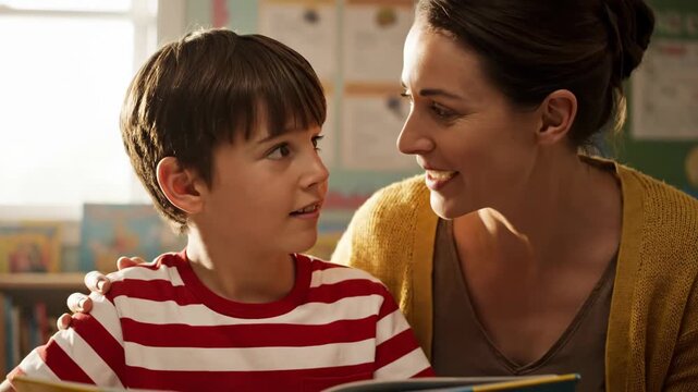 Young boy reads a book with teacher in classroom setting