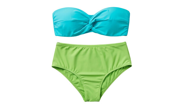 Women's swimwear, green bikini bottoms, blue bandeau top, summer fashion isolated on Transparent Background