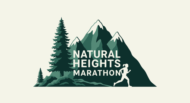 Natural Heights Marathon Graphic Depicting Runner Near Mountains And Evergreen Trees