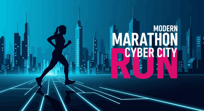Modern Marathon Cyber City Run Energetic Athlete Silhouette