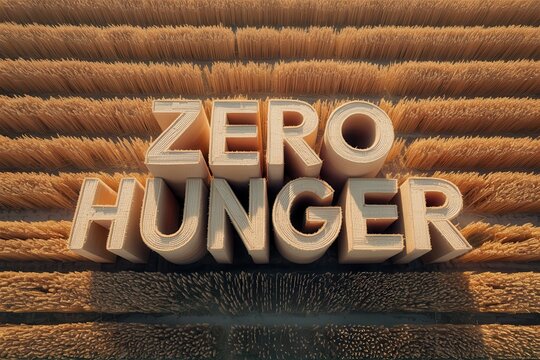 3D zero hunger text on wheat field background with golden light