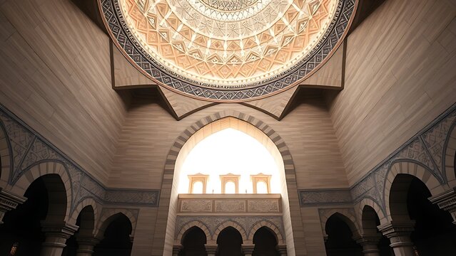squinch. Islamic architectural interior with geometric patterns under a dome, soft ambient light. real-estate listings.