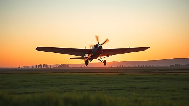 monoplane. Vintage monoplane taking off from a grassy airstrip at dawn against a vast sky. mobility guides, transit brochures, designed for mobility and urban transit guides, used by store managers.