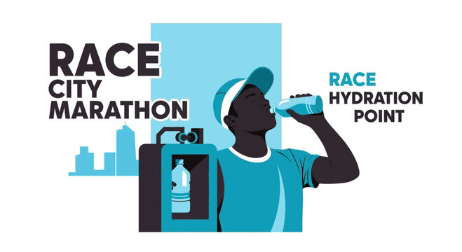 Marathon Runner Hydrates At City Race Event Aid Station With Water Bottle Refreshment