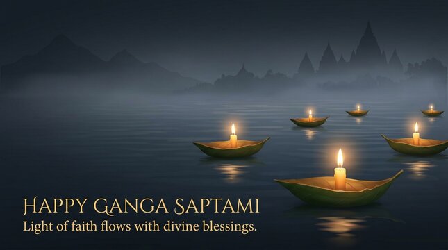Image is a serene digital artwork depicting a nighttime scene on a calm body of water. The layout features several small, leaf-shaped boats floating on the water, each holding a single lit candle, cas