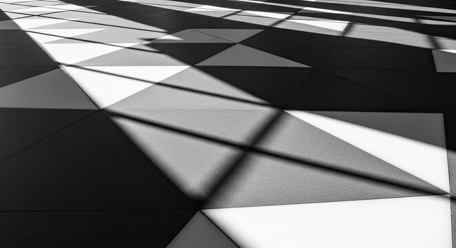 A black and white photo of a geometric patterned floor with shadows cast across it in a modern archi
