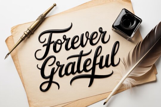 Vintage paper with Forever Grateful text and writing tools on desk