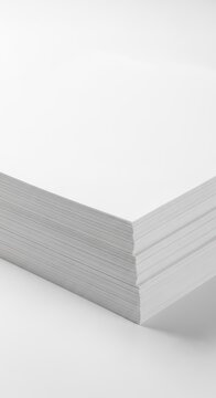 A neat stack of bright white office papers placed centrally on a pure white surface, symbolizing organization, documentation, and filing, business, memo, structure