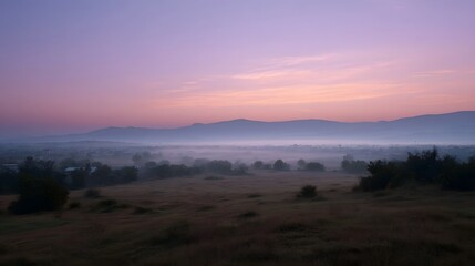 Obraz premium A peaceful dawn scene featuring a misty field rolling hills and soft pastel colors in the distance