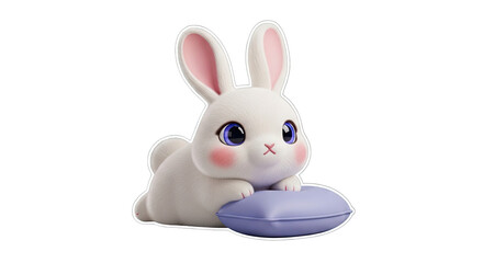 Fototapeta premium Cute White Bunny with Big Blue Eyes on Purple Pillow