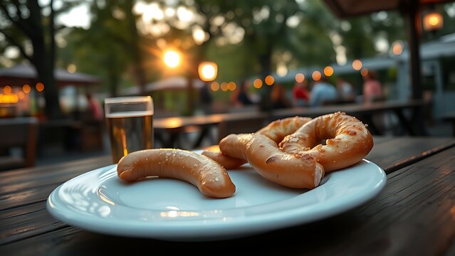 weisswurst. Beer garden table at dawn with weisswurst and pretzel on a white plate. bar promotions, beverage menus, designed for product packaging and bar promotions.