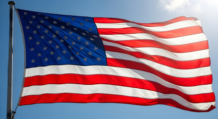 Fototapeta premium Waving american flag against a bright blue sky with sunlight