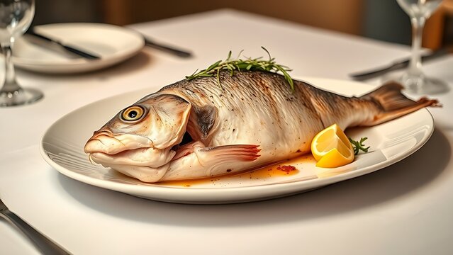 turbot. A cooked whole turbot on a white porcelain plate with lemon slices and fresh herbs. menu design, packaging mockups, designed for culinary blogs and recipe cards for restaurants.
