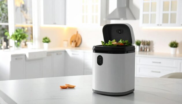 Modern electric food waste composter with organic scraps on kitchen counter, sustainable lifestyle, zero waste home recycling, eco friendly appliance