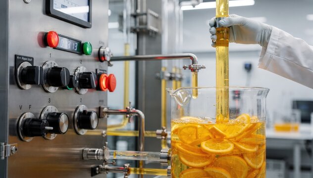 Medium shot of a control panel adjusting citrus fragrance dosing highlighting the smooth integration of vibrant scents into liquid formulations for fresh aromatic blends.