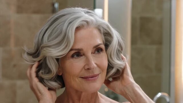 Beautiful Mature Woman with Silver Hair Admiring Her Reflection in a Bathroom Mirror, Showcasing