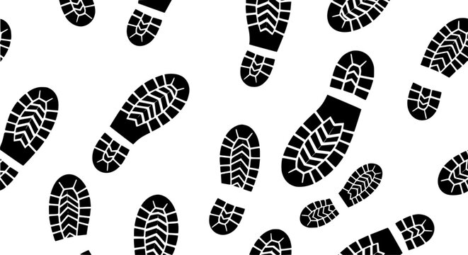 Scattered black boot footprint seamless pattern vector walking trail background texture