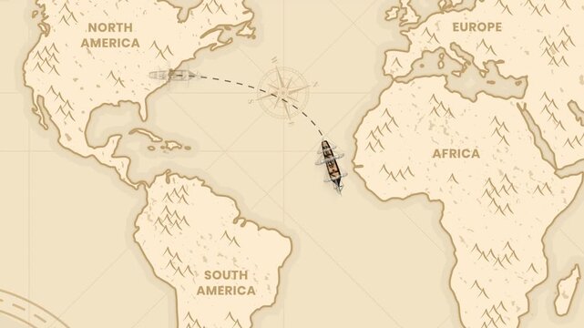 Ancient Trade Route Map Animation from North America to Asia on Vintage World Map
