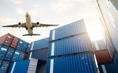 Air logistics. Cargo airplane flying above stack of logistic container. Cargo and shipping business. Container ship for export logistic. Logistic industry from port to port. Freight transportation. © Fahroni