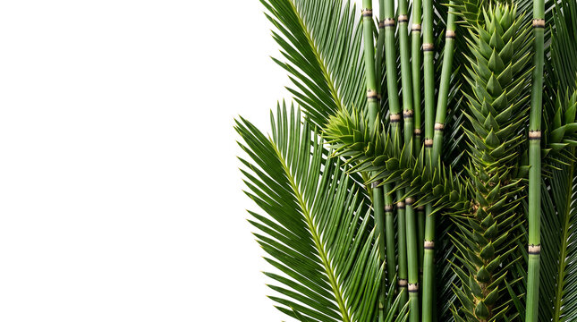 Prehistoric botanical border with cycad leaves, horsetail reeds, and monkey puzzle branches on white