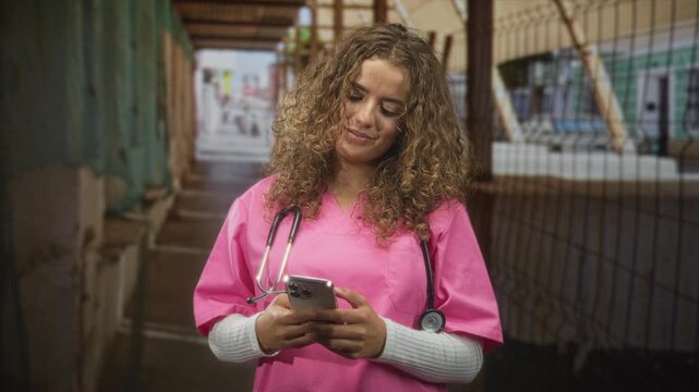Woman doctor in pink scrubs with stethoscope smiling while texting on smartphone in street; compassion trust.