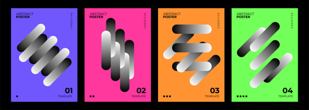 Abstract posters collection. Black and white gradient geometric shapes on color background. Creative graphic designs. Vector illustration.