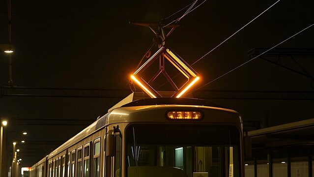 tolerable. Diamond-shaped tram pantograph contacting overhead wires at a platform, industrial detail. mobility guides, transit brochures, designed for mobility and urban transit guides.