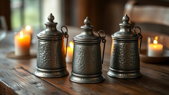 flagons. Three antique pewter flagons on a rustic wooden table illuminated by candlelight. bar promotions, beverage menus, designed for product packaging and bar promotions.