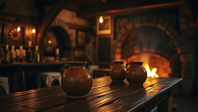 flagons. Medieval-style tavern interior with firelight glowing on terracotta flagons of ale. bar promotions, beverage menus, designed for food & beverage menus and cafe branding.