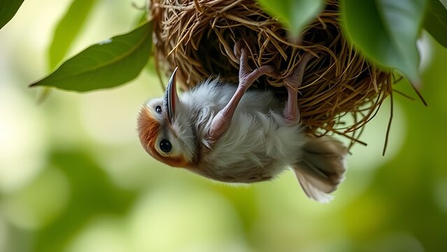 clumsily. A fledgling bird with ruffled feathers falling from its nest. wildlife magazines, conservation campaigns, designed for eco-tourism storytelling, used by food bloggers.