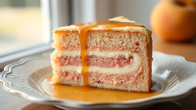 litany. A slice of peach cake with pink and white layers on a porcelain plate. symbolizing life milestones and joyful moments.